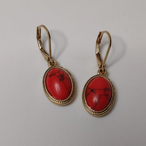 Gold Tone Metal And Red Stone Oval Shaped Dangle Earrings - Picture 1 of 12